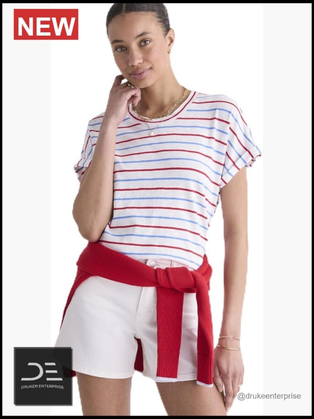 Super-Soft Cotton Slub Crewneck Pullover Tee with Cuffed Sleeves
